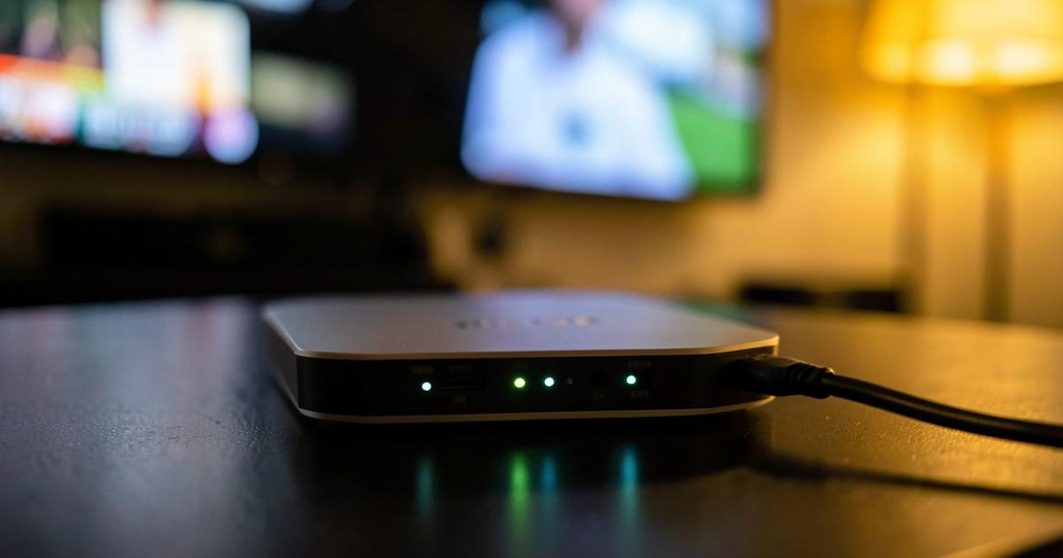 Roteador Wi-Fi com luzes acesas em frente a uma TV transmitindo futebol