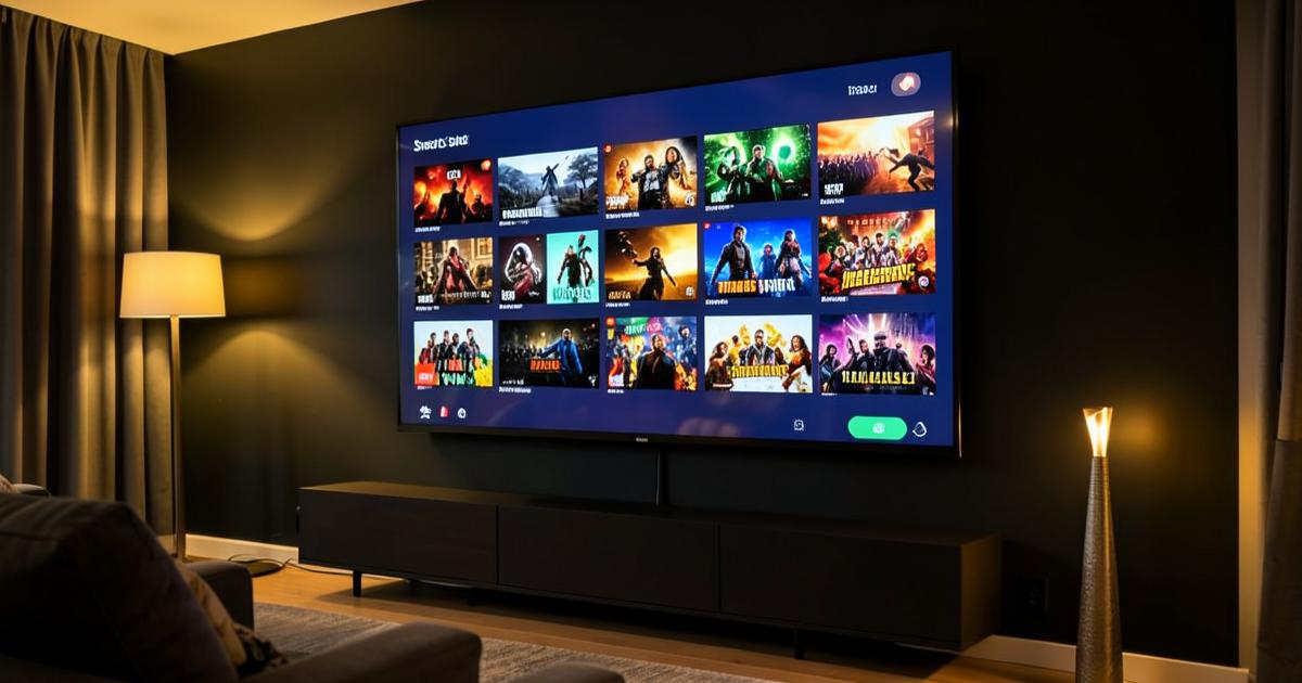 Smart TV na parede exibindo o catálogo de filmes do serviço de IPTV