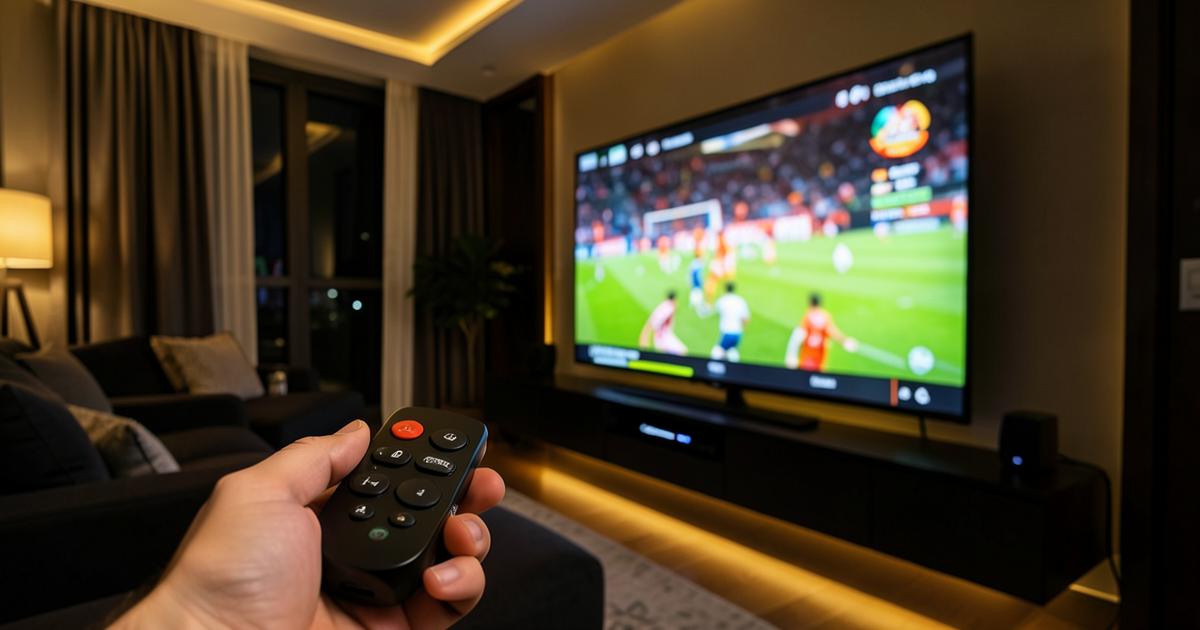 Fire TV Stick conectada à TV exibindo um jogo de futebol, com o controle remoto na mão